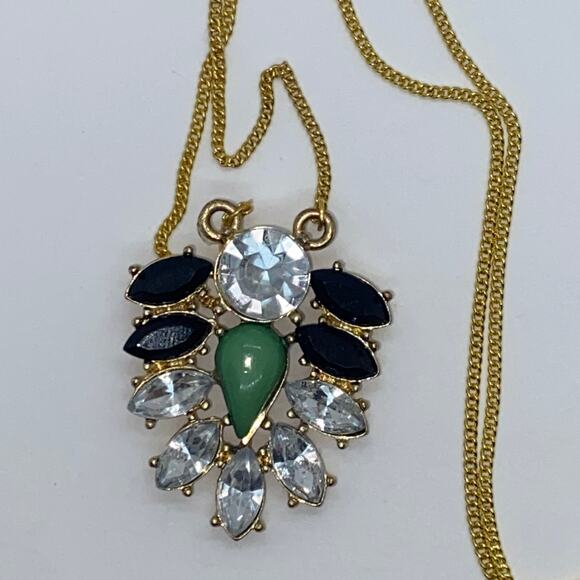 Gold-Tone Clear Black Green Rhinestone Necklace - Picture 5 of 7